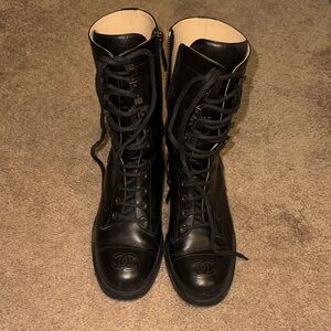 CHANEL Black Leather Combat Boots